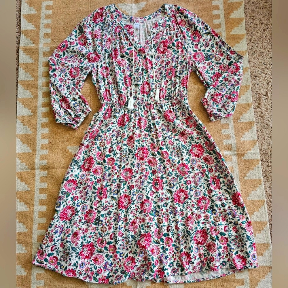 💗Old Navy pink floral elastic waist Tossel tie boho midi dress size S
